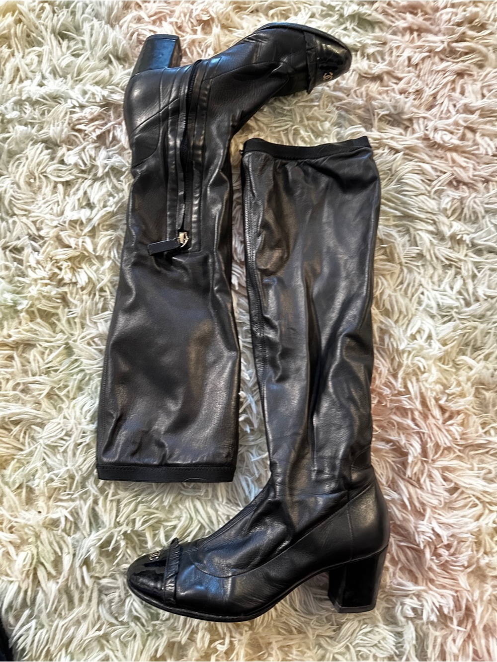 Chanel Knee High Cap Toe Ruffle CC Boots Size 36.5 - Picture 3 of 13